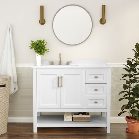 Flash Furniture Vega 42-in. Vanity w/Sink, Storage Cabinet w/Soft Close Doors, Open Shelf and 3 Drawers, White/Gold FS-VEGA42-WH-GLD-GG